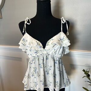Forever 21 Floral Tie-Strap Camisole - White and Blue